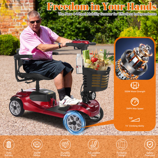 4 Wheel Mobility Scooter for Seniors&Adults,15 Miles Foldable Electric Mobility Scooter,350W Powered Electric Wheelchair Device for Adults 300 lbs,LED Lights,Basket,Compact Mobile for Travel