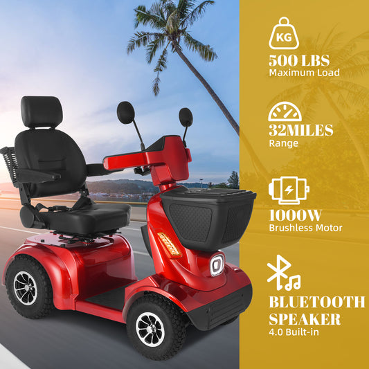 Heavy Duty All Terrain 1000W Electric Mobility Scooter for Adults&Seniors-500LBS Load &32 Miles Range Powerd Wheelchair Device w/Off-Road Absorber, Bluetooth Speaker, Dual Baskets, LED Light System