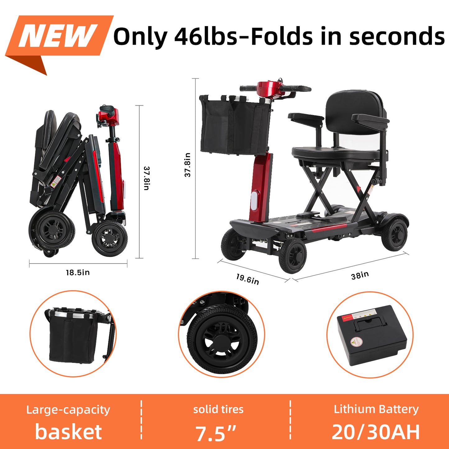 MS20-F Foldable Mobility Scooter for Adults&Seniors 46Lbs Lightweight,350W Powered Electric Folding 4 Wheels Wheelchair,Removable Battery 20Mile Red