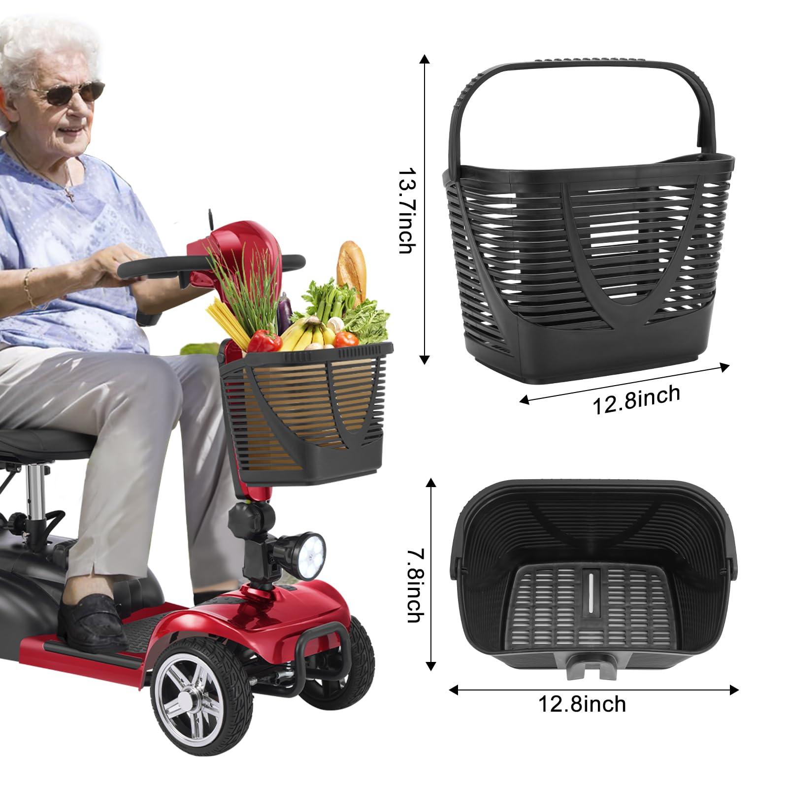 Black plastic front basket for mobility scooters, shown with groceries and dimensions.
