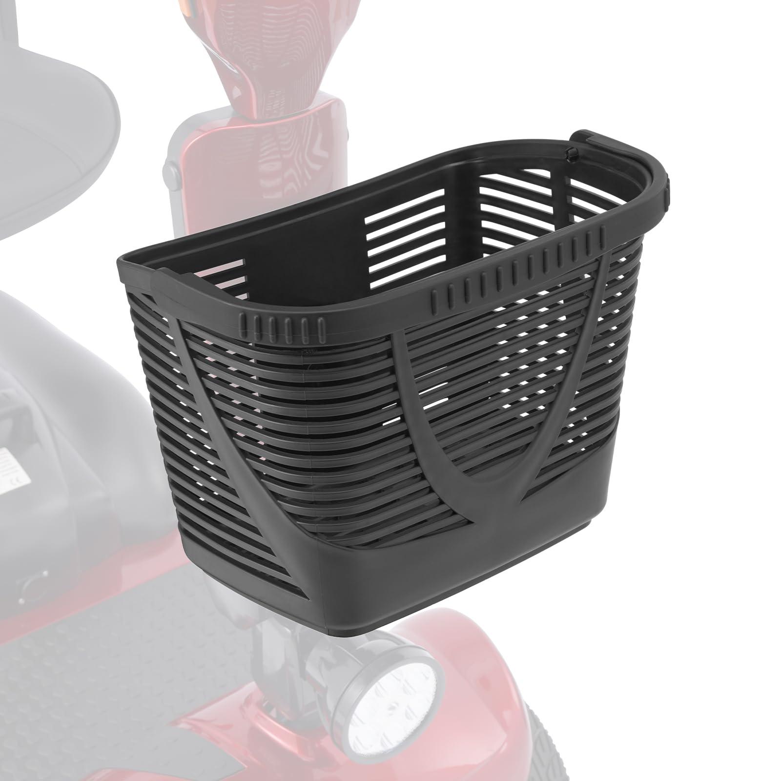 Black plastic front basket with horizontal slats, designed for mobility scooters.