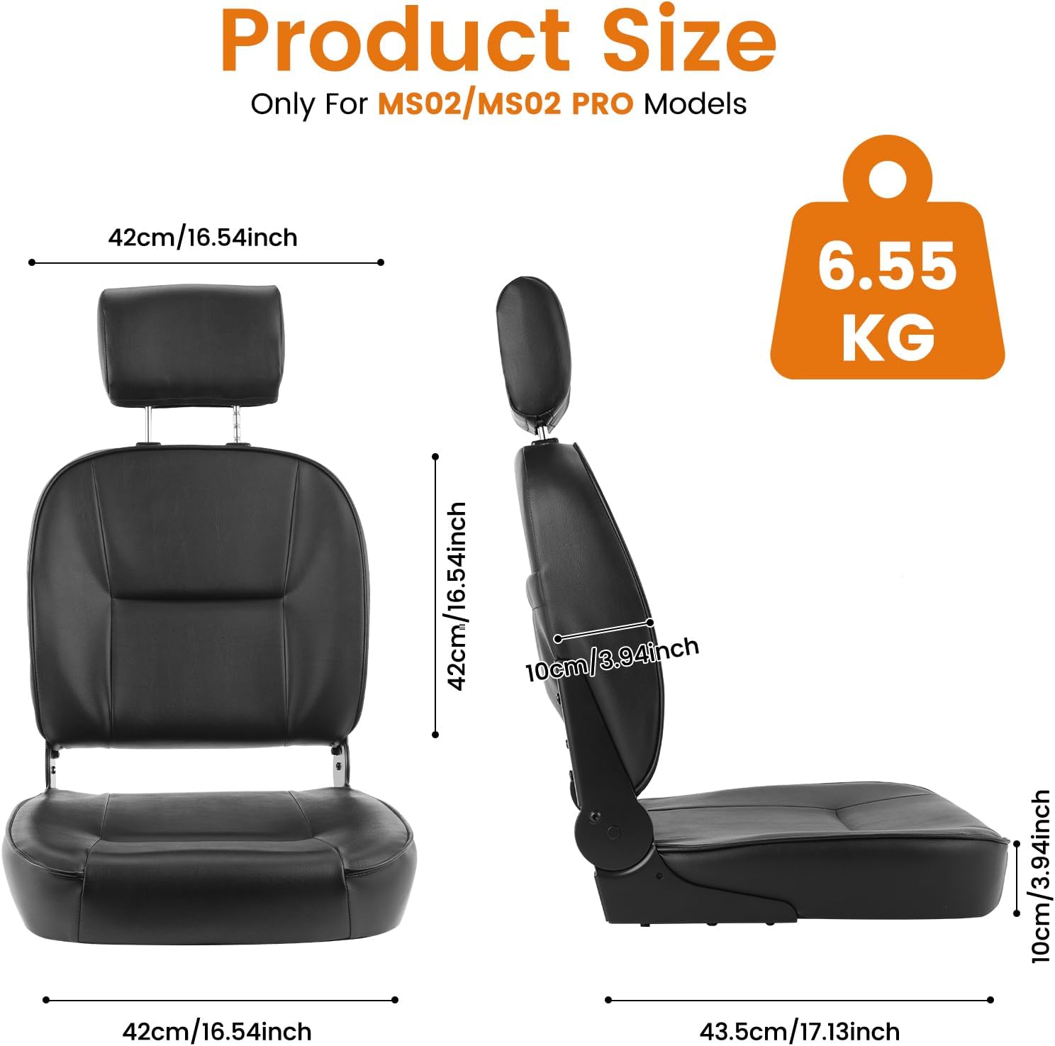 Black Mbxcooter high-back mobility scooter replacement seat with thick cushioning, 42cm wide.