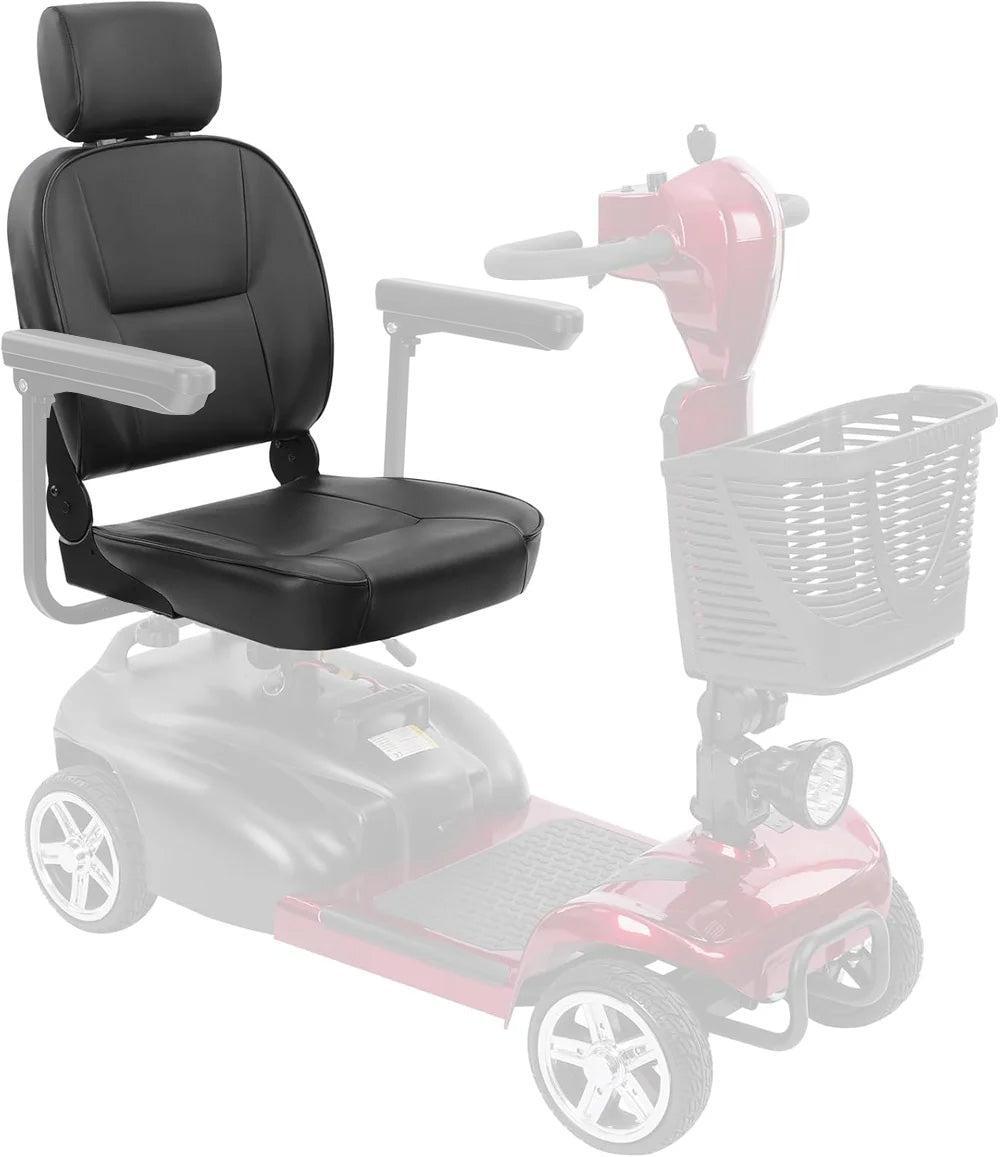 Black Mbxcooter high-back mobility scooter replacement seat with thick cushioning and headrest.