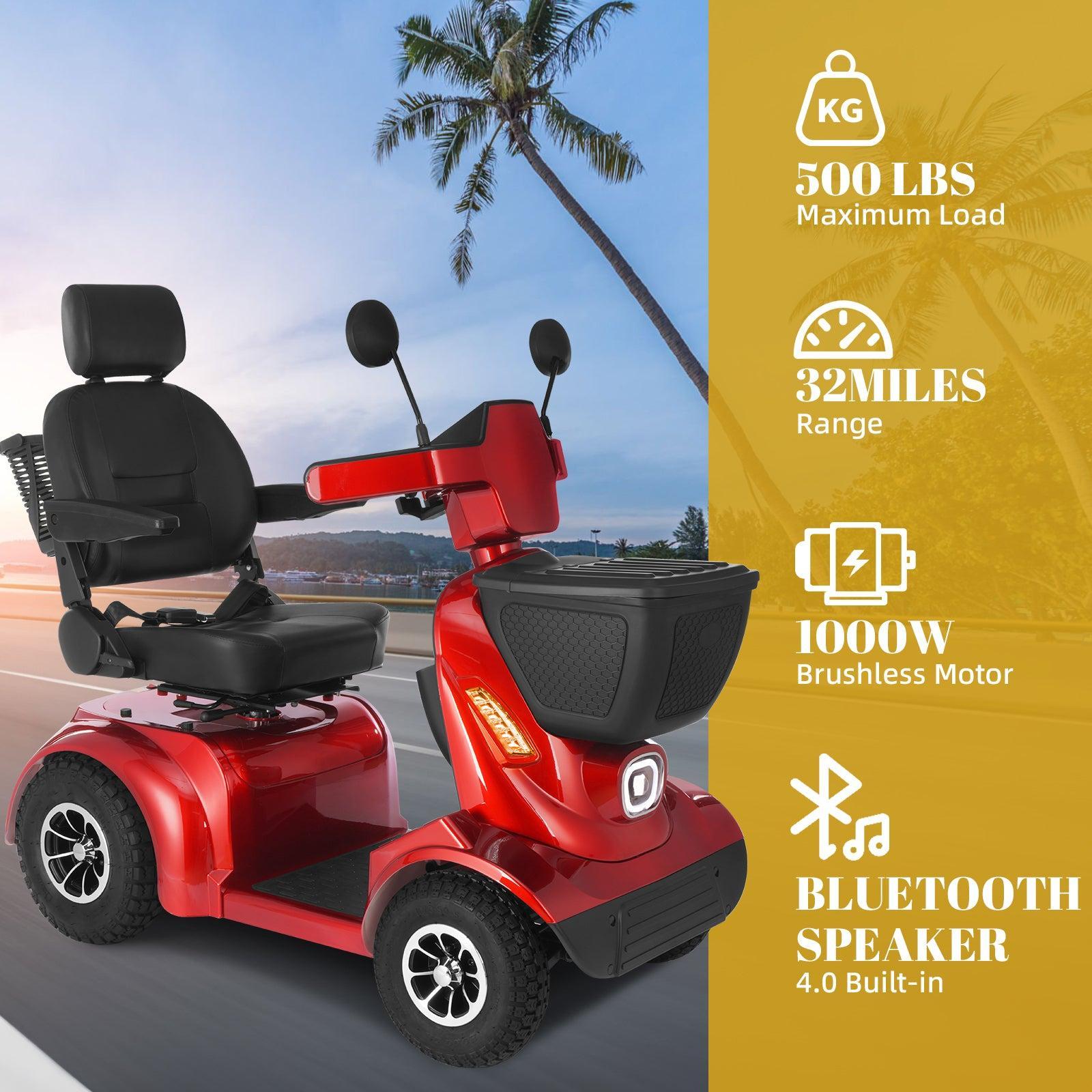 Red Mbxcooter MS20-MAX heavy-duty all-terrain scooter with black seat, basket, and large pneumatic tires.