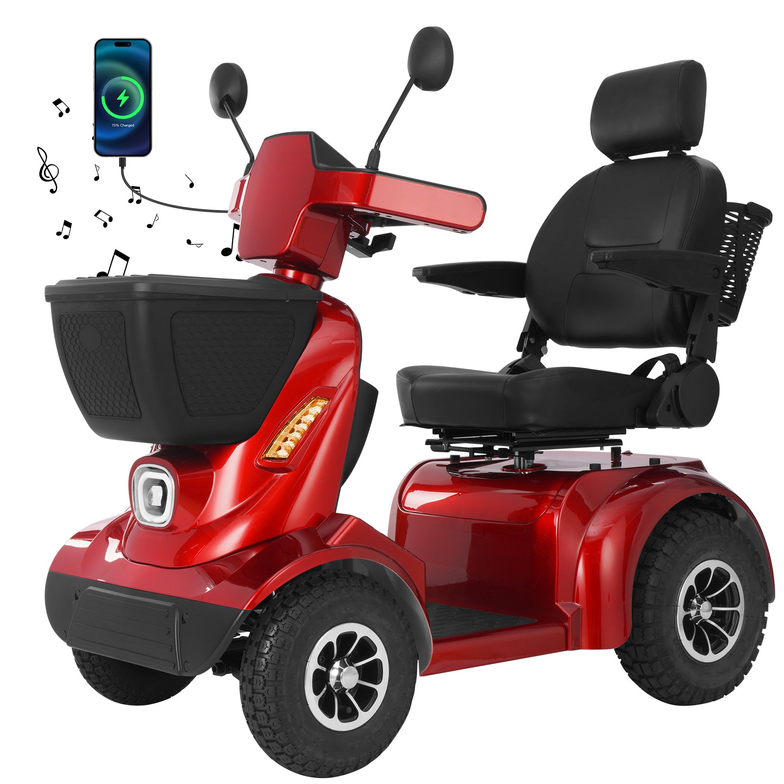 Red Mbxcooter MS20-MAX heavy-duty all-terrain scooter with black seat, basket, and phone charging.