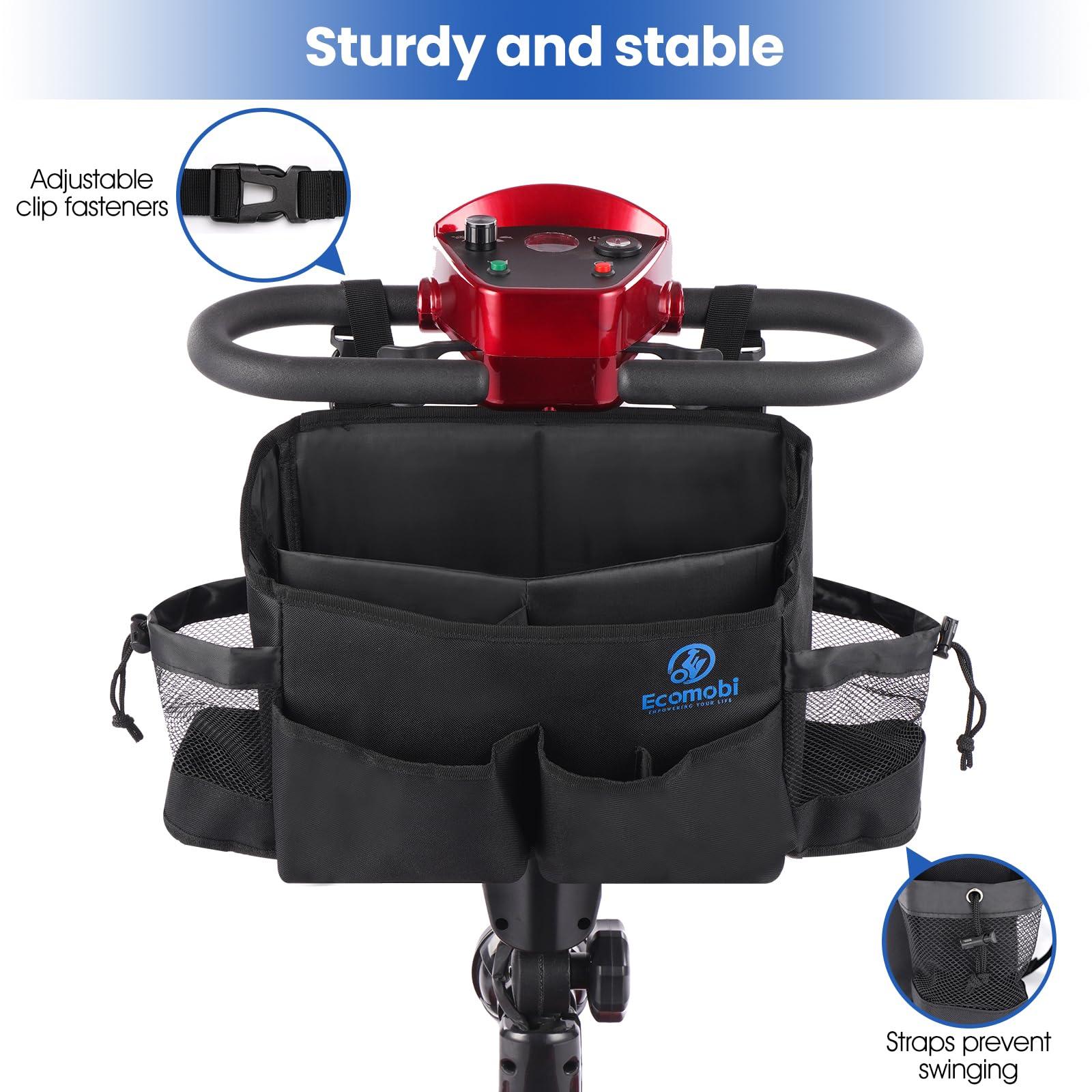 Black waterproof nylon mobility scooter bag with multiple pockets and adjustable clip fasteners.