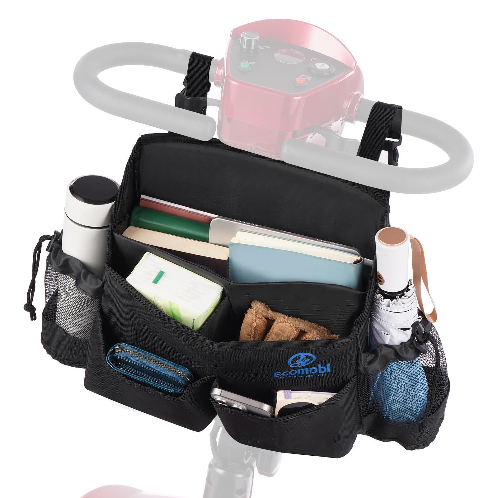 Black nylon Mbxcooter mobility scooter bag with multiple pockets, attached to handlebars.