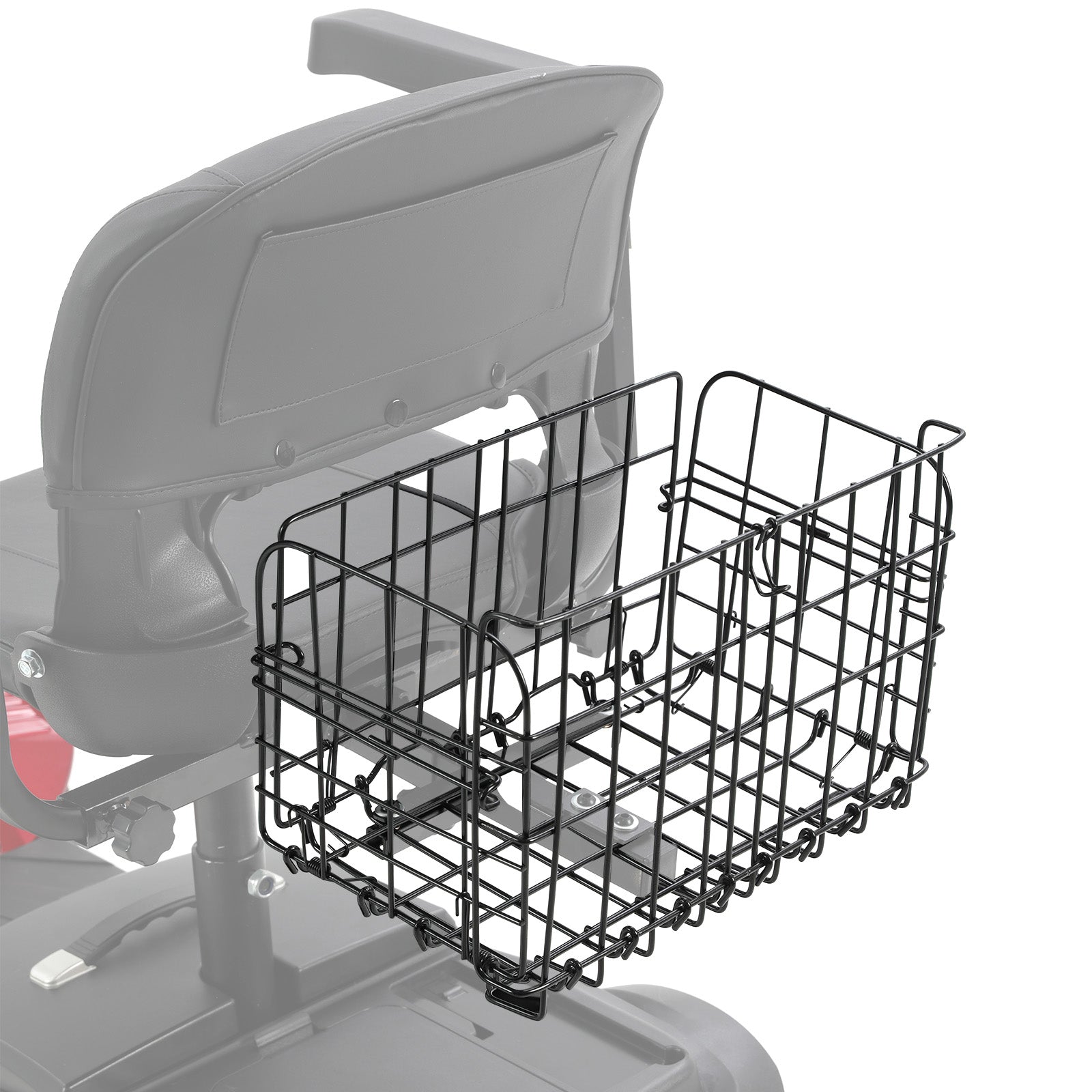 Black metal wire Mbxcooter rear basket attached to a mobility scooter seat post.