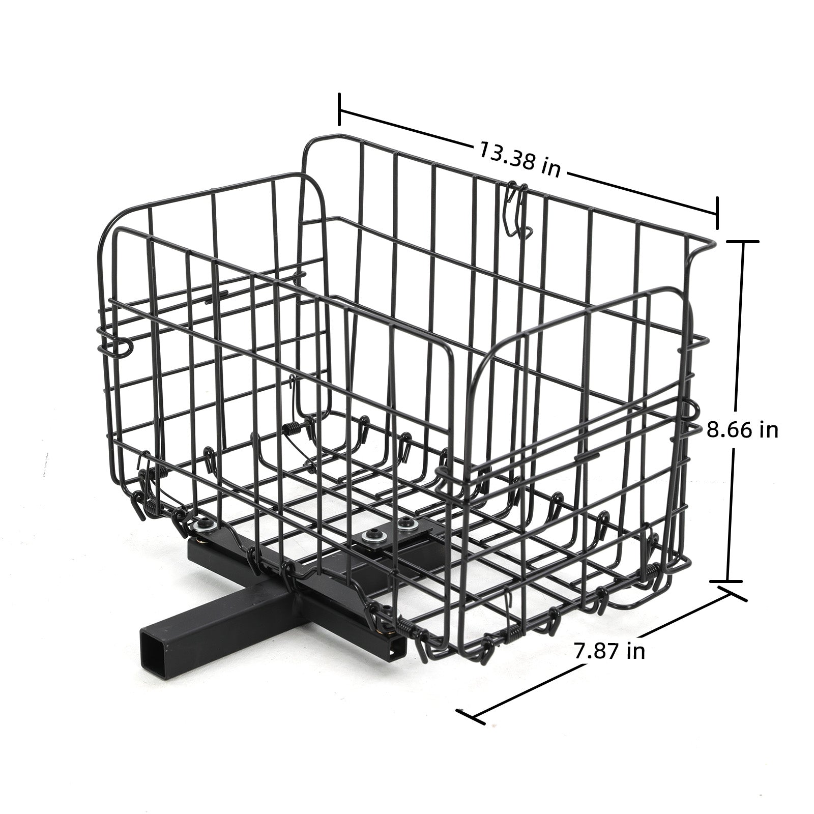 Black metal wire Mbxcooter mobility scooter rear basket with dimensions 13.38x8.66x7.87 inches.