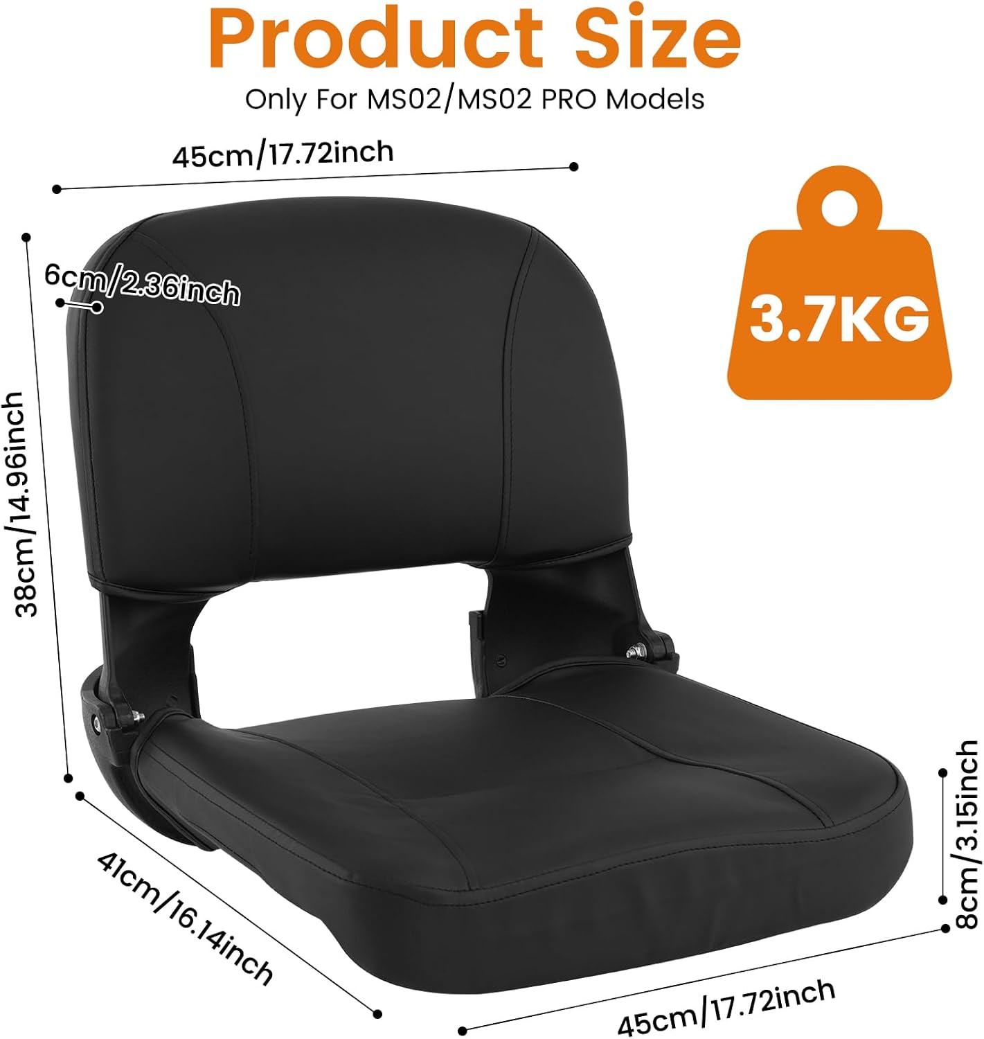 Black Mbxcooter mobility scooter replacement seat with dimensions for MS02/MS02 PRO models.