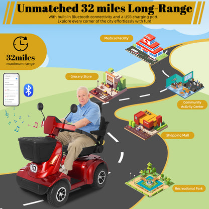 Heavy Duty All Terrain 1000W Electric Mobility Scooter for Adults&Seniors-500LBS Load &32 Miles Range Powerd Wheelchair Device w/Off-Road Absorber, Bluetooth Speaker, Dual Baskets, LED Light System