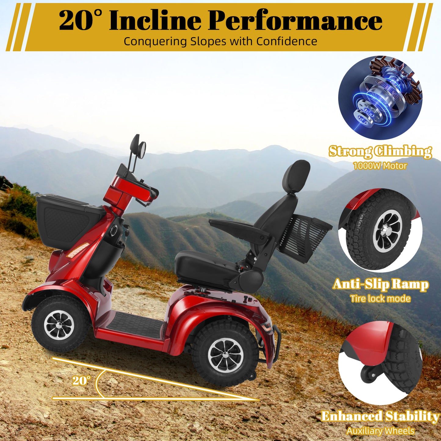 Heavy Duty All Terrain 1000W Electric Mobility Scooter for Adults&Seniors-500LBS Load &32 Miles Range Powerd Wheelchair Device w/Off-Road Absorber, Bluetooth Speaker, Dual Baskets, LED Light System