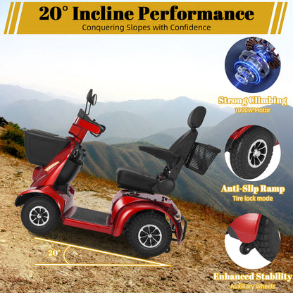 Heavy Duty All Terrain 1000W Electric Mobility Scooter for Adults&Seniors-500LBS Load &32 Miles Range Powerd Wheelchair Device w/Off-Road Absorber, Bluetooth Speaker, Dual Baskets, LED Light System