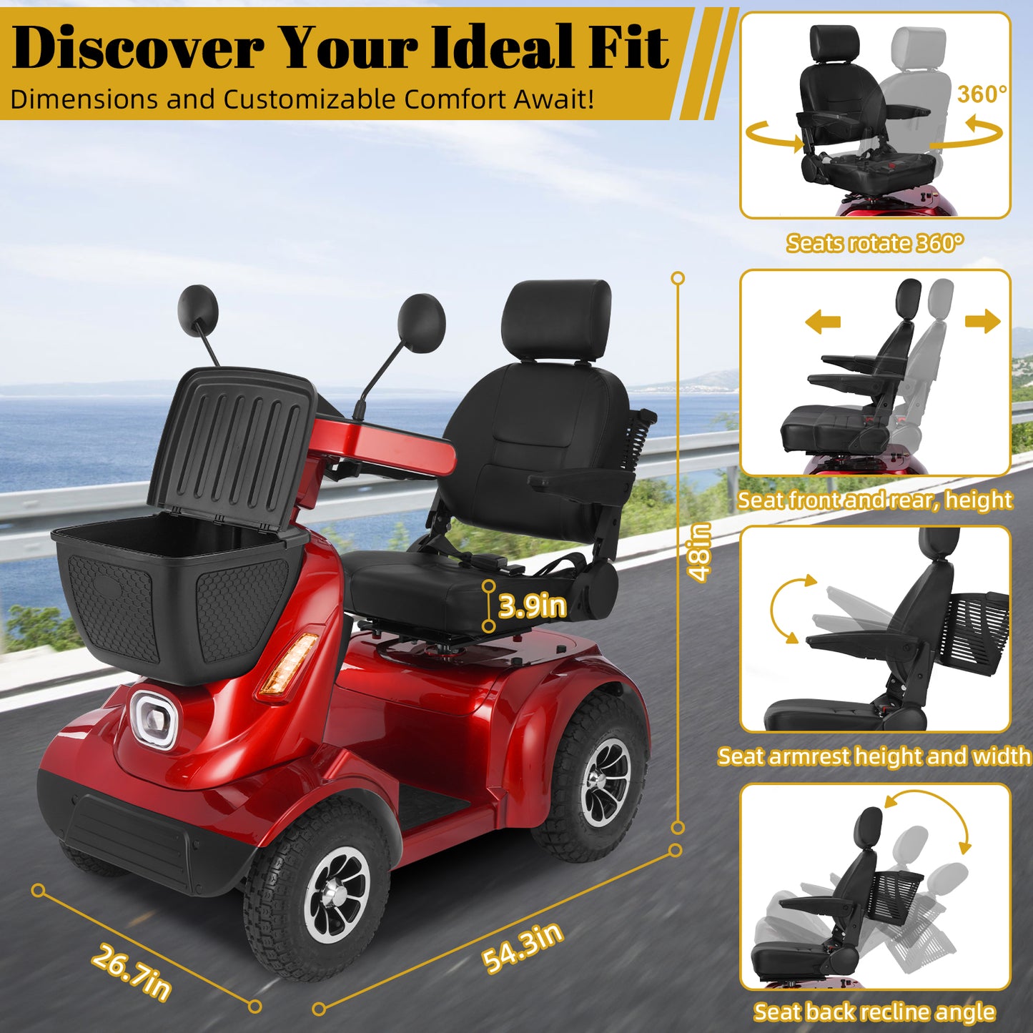 Heavy Duty All Terrain 1000W Electric Mobility Scooter for Adults&Seniors-500LBS Load &32 Miles Range Powerd Wheelchair Device w/Off-Road Absorber, Bluetooth Speaker, Dual Baskets, LED Light System