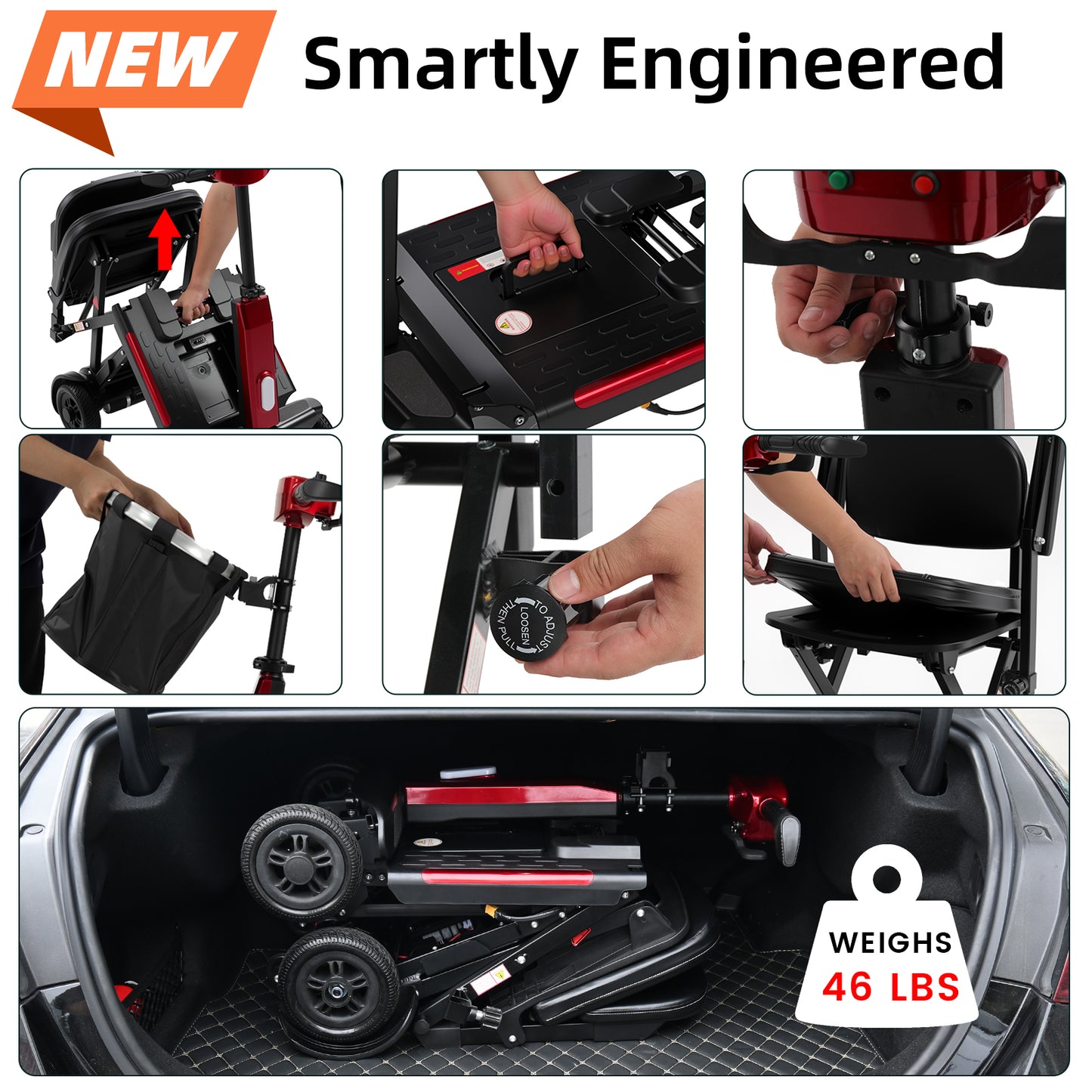 MS20-F Foldable Mobility Scooter for Adults&Seniors 46Lbs Lightweight，350W Powered Electric Folding 4 Wheels Wheelchair，Removable Battery 20Mile Red