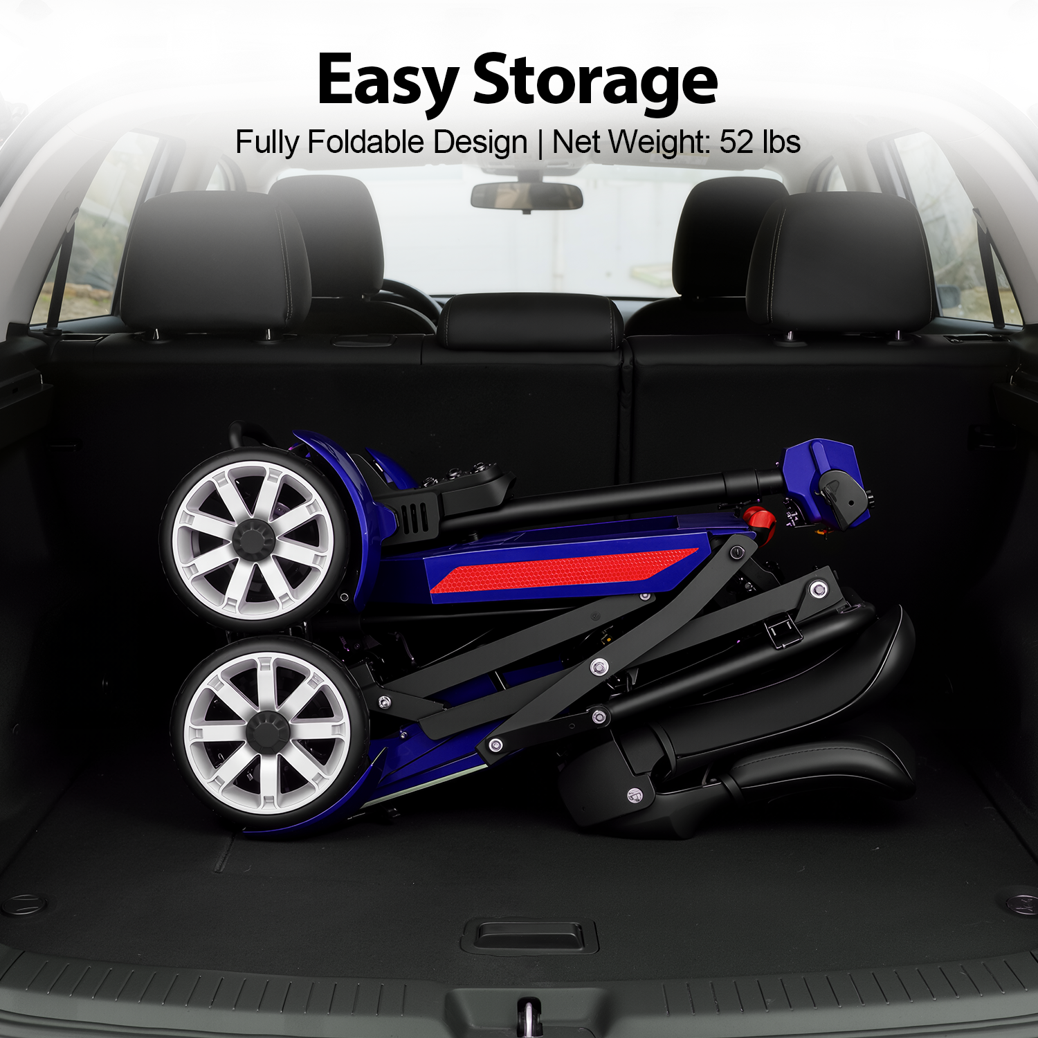 Mbxcooter M4F blue foldable mobility scooter stored in a car trunk.