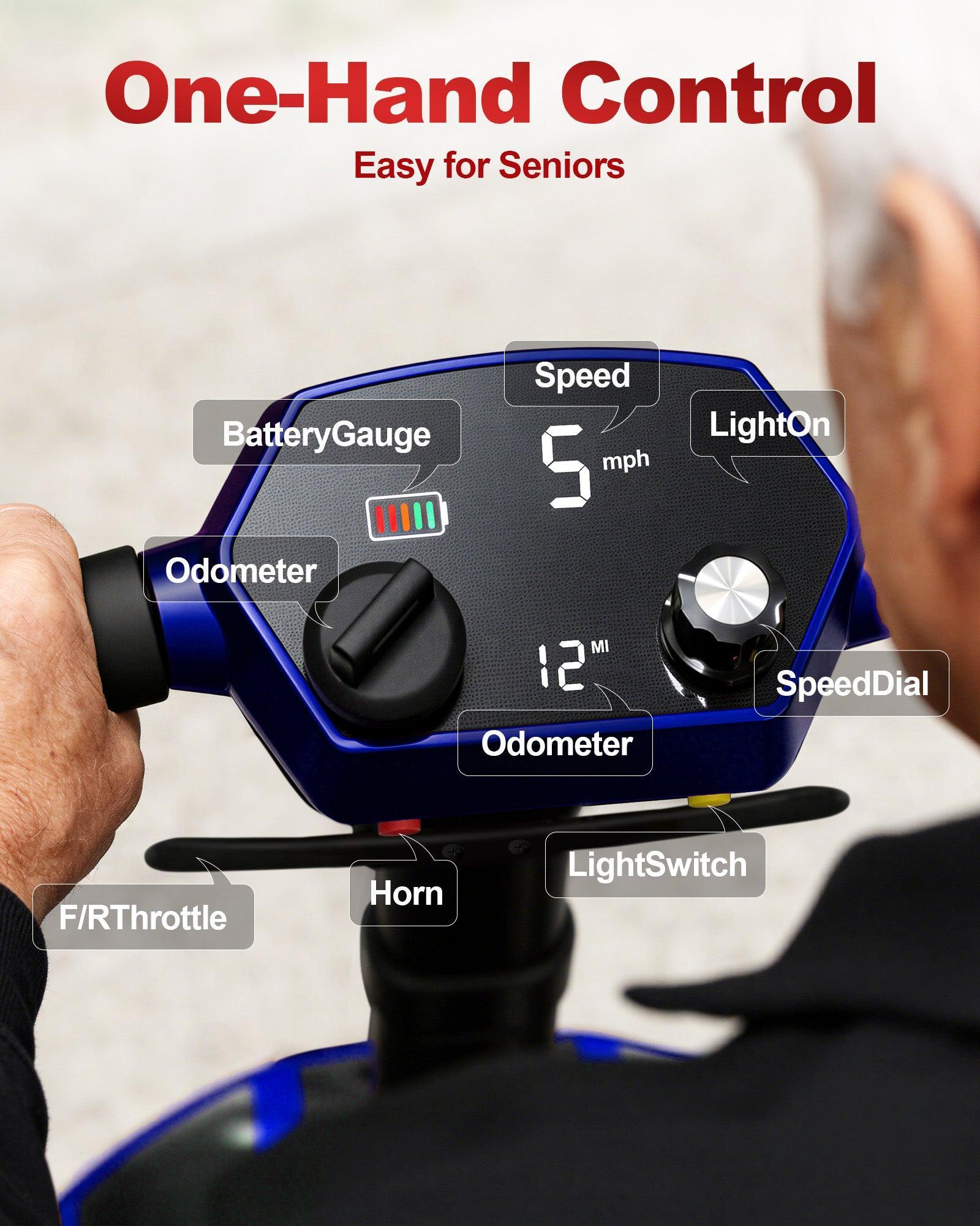 Mbxcooter blue mobility scooter dashboard with digital display and control labels.