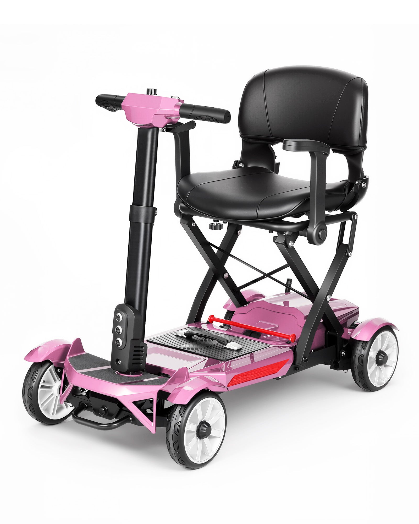 Pink Mbxcooter M4F foldable 3-wheel mobility scooter with black seat and white wheels.