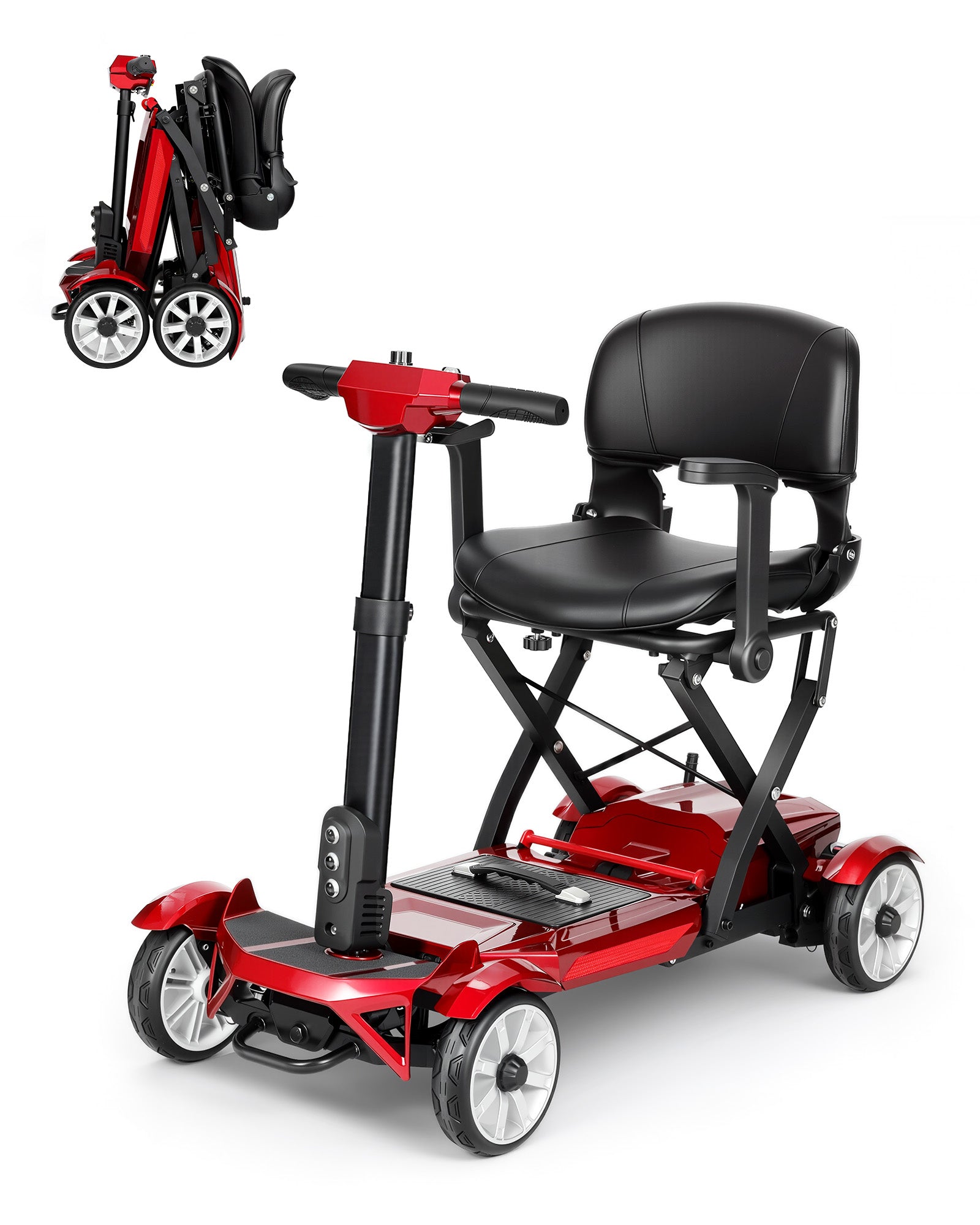 Red Mbxcooter M4F 3-wheel foldable mobility scooter with black seat, shown unfolded and folded.