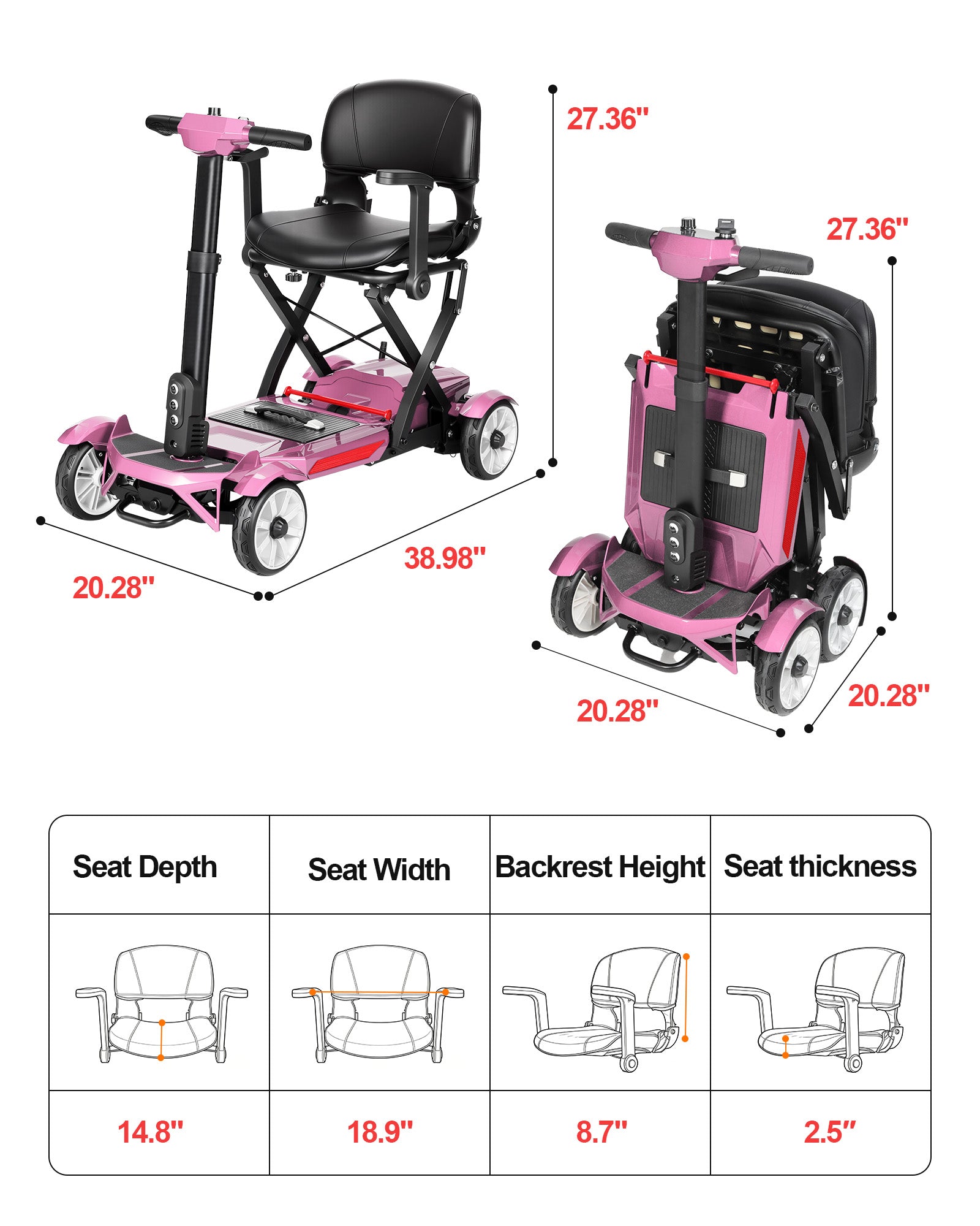 Mbxcooter pink foldable 3-wheel mobility scooter with dimensions, shown open and folded.