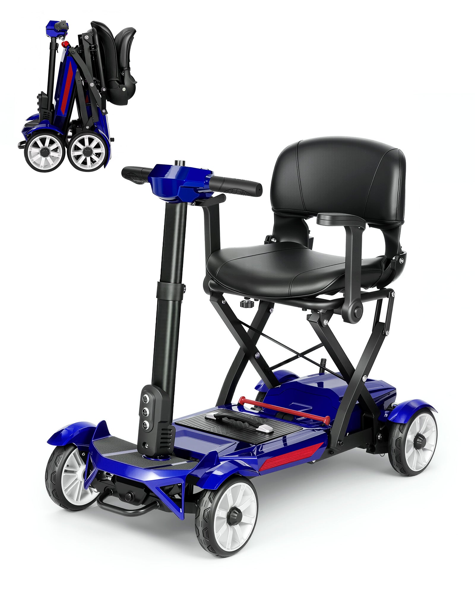 Mbxcooter blue 3-wheel foldable mobility scooter with black seat and rear suspension.