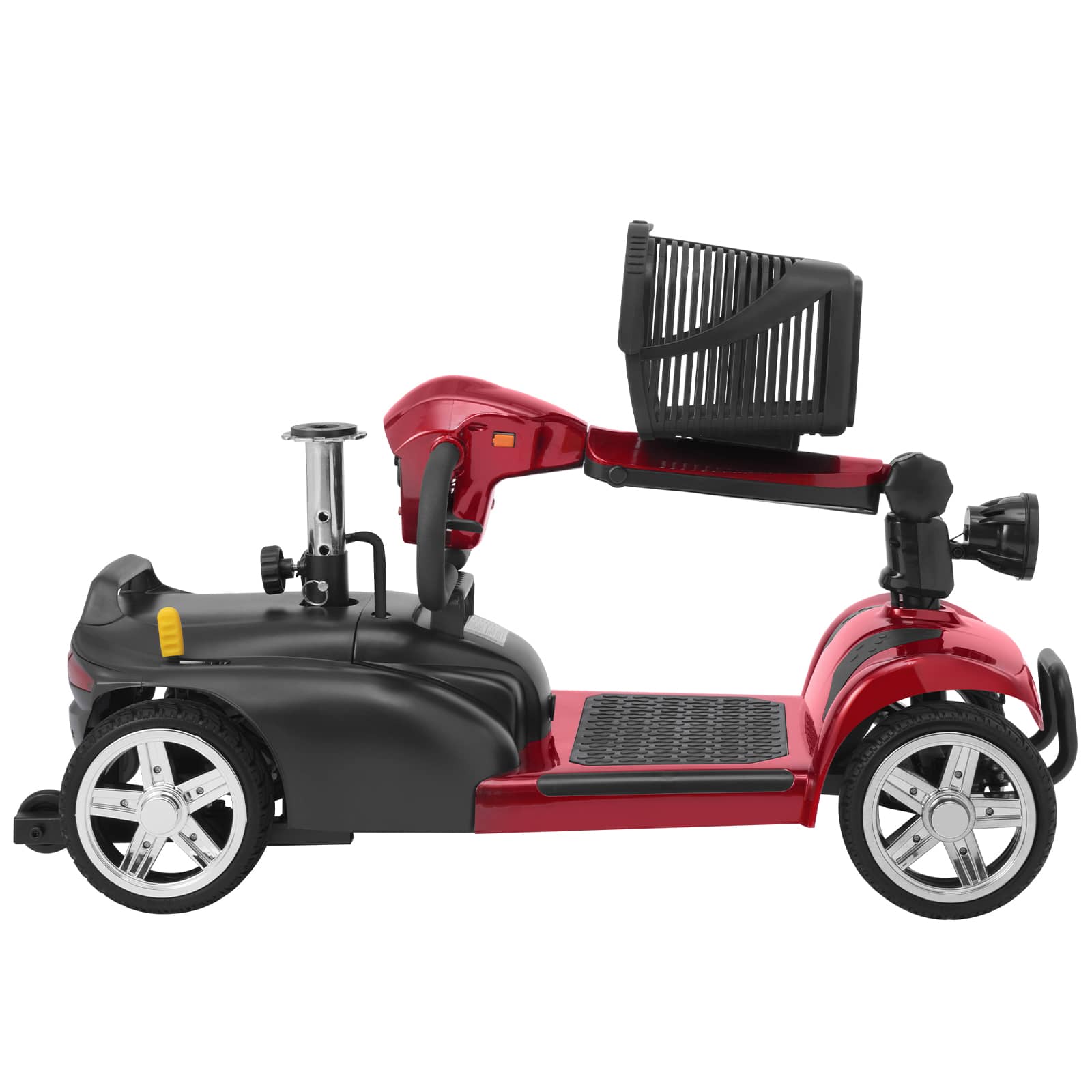 Red Mbxcooter MS20 4-wheel mobility scooter with black seat, basket, and solid 8" tires.