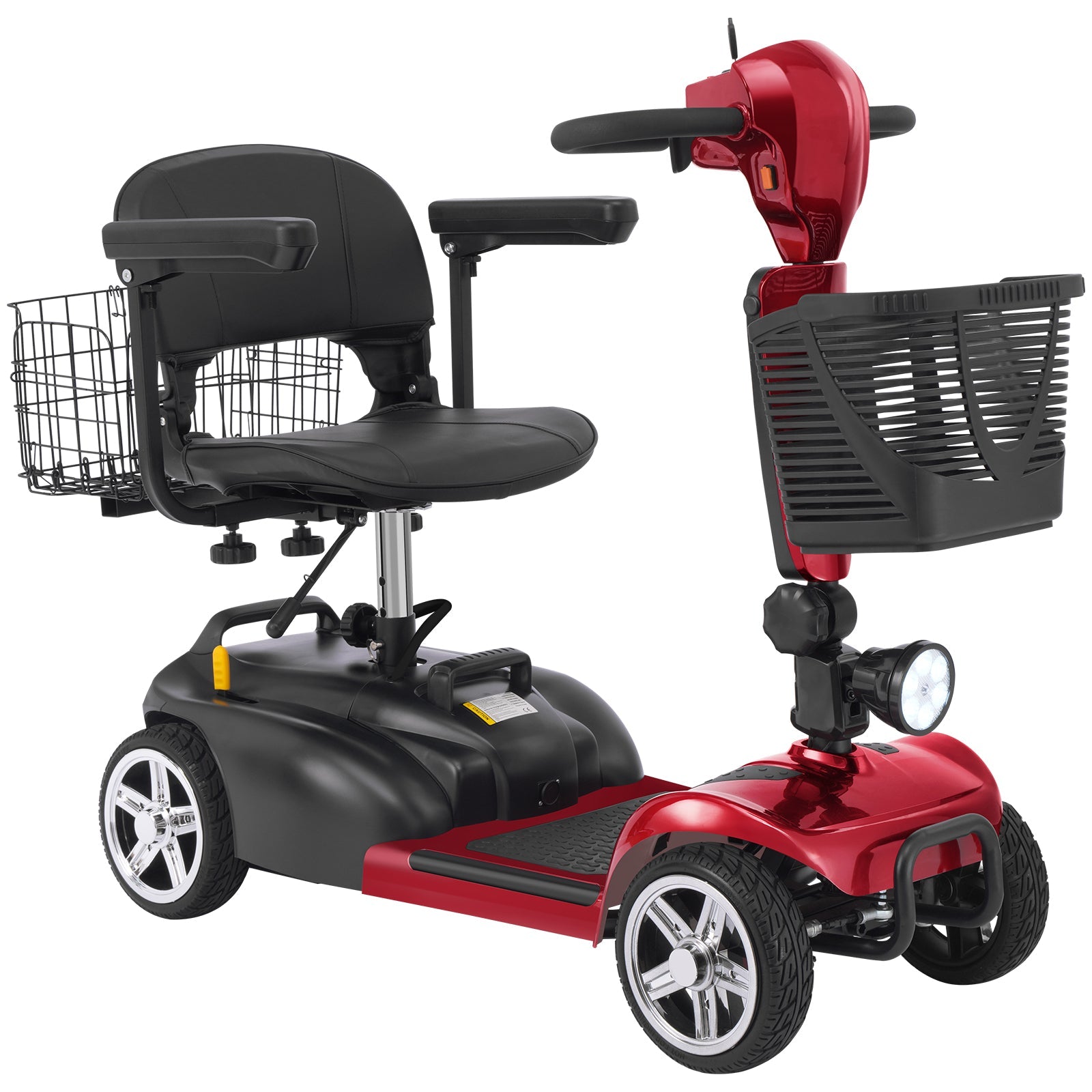 Red Mbxcooter MS20 4-wheel mobility scooter with black seat, front basket, and rear basket.