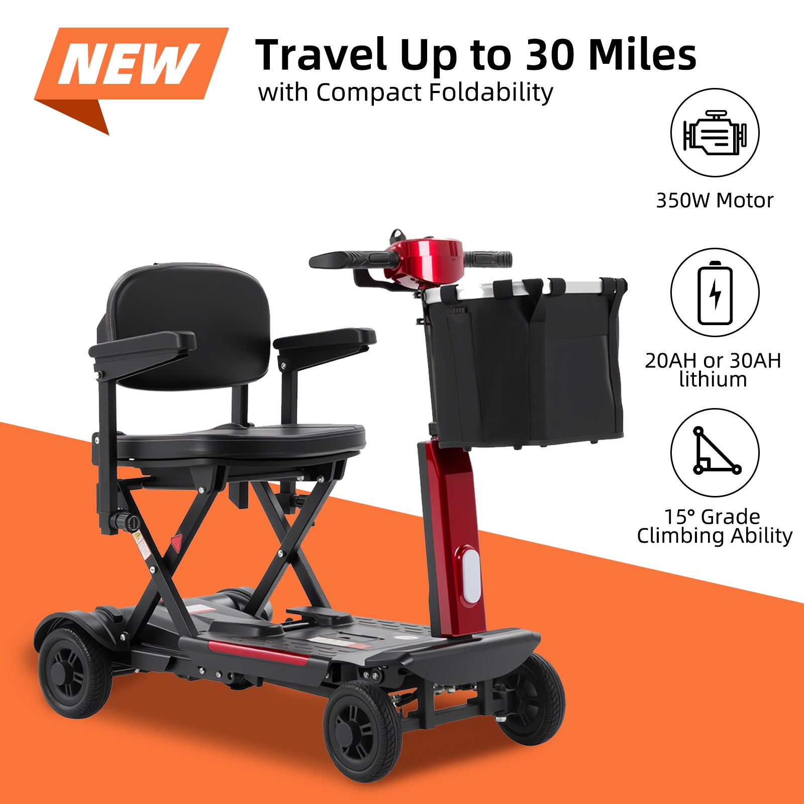 Red and black Mbxcooter MS20-F lightweight foldable mobility scooter with a front basket.