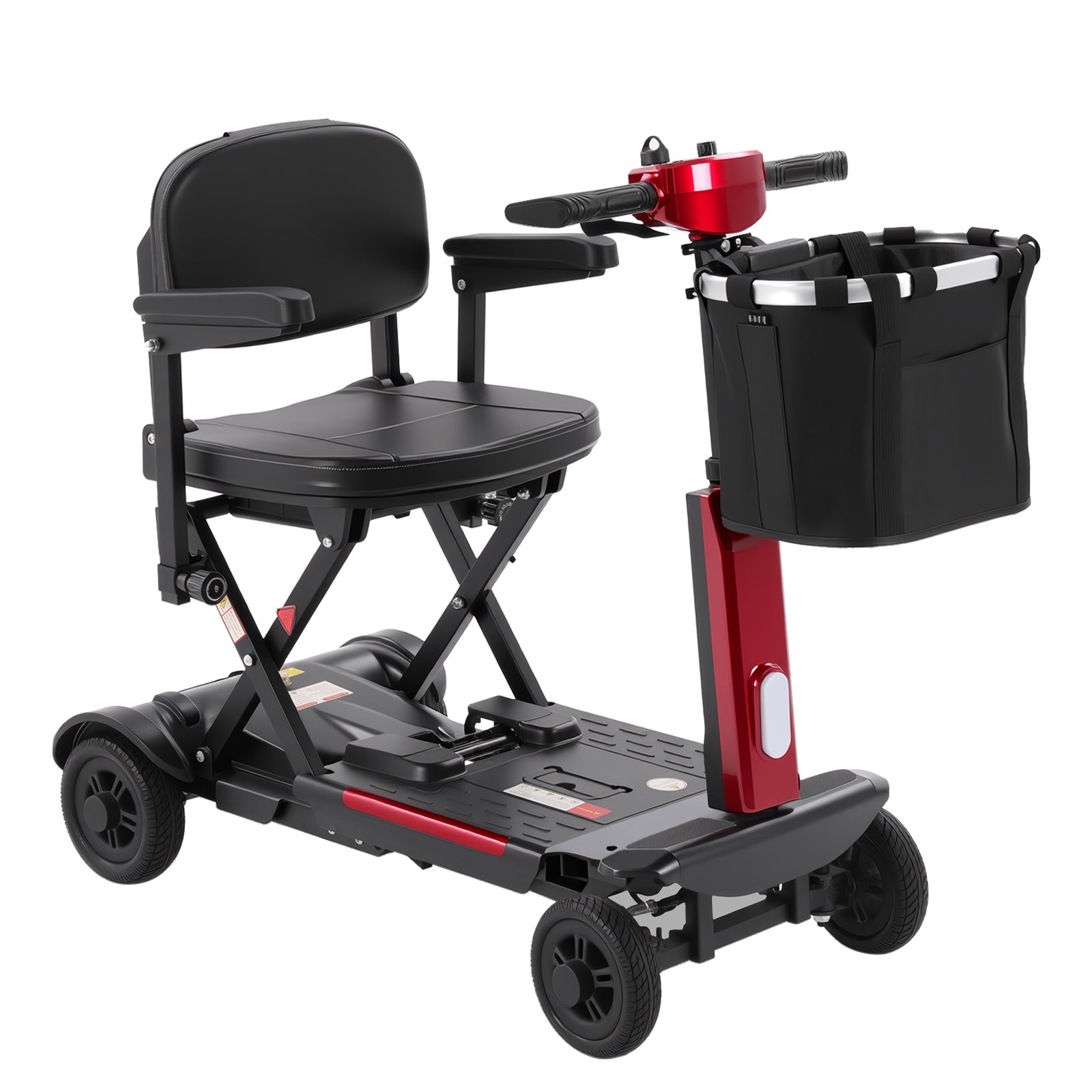 Red and black Mbxcooter MS20-F lightweight foldable mobility scooter with a front basket.