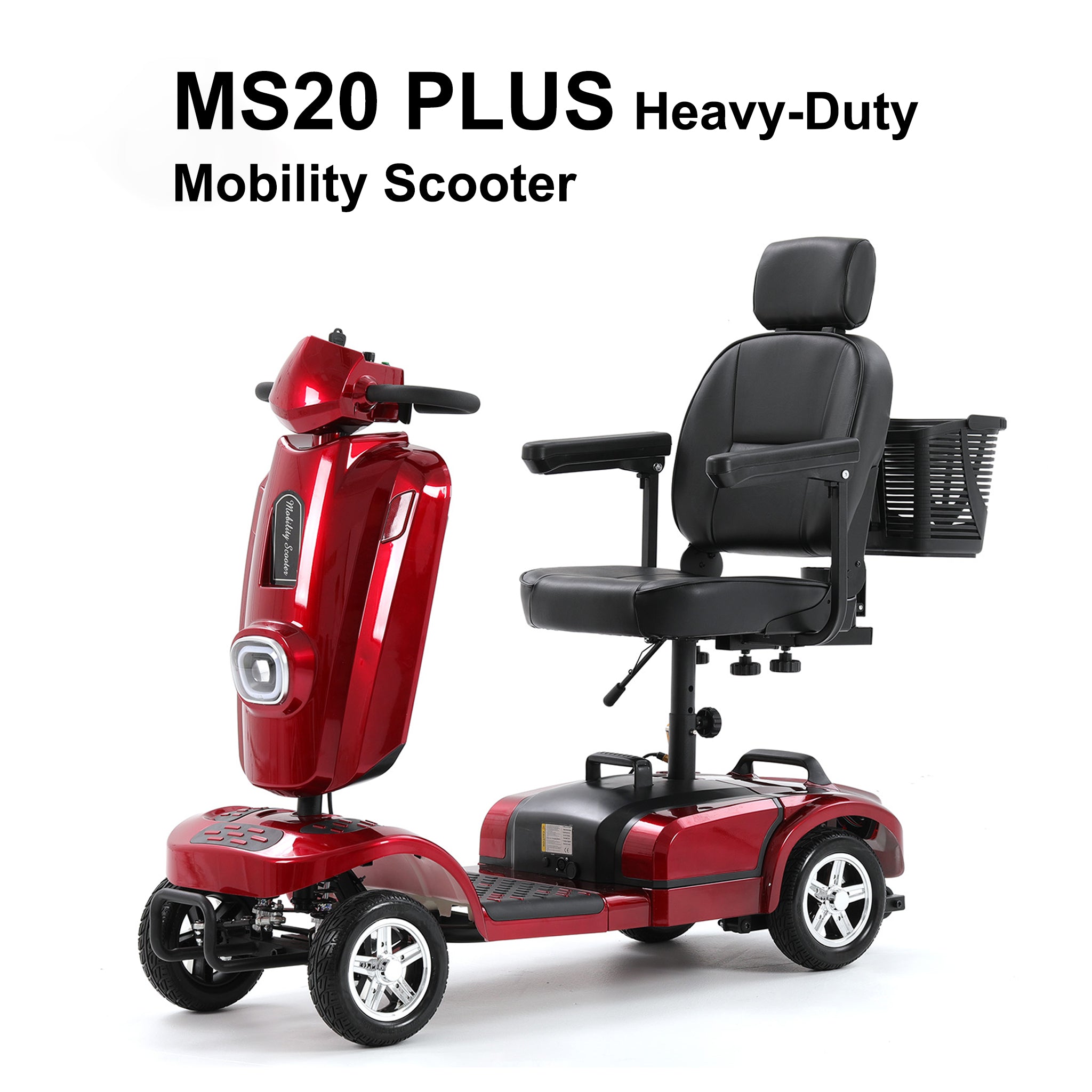 Red Mbxcooter MS20 PLUS heavy-duty mobility scooter with black seat, basket, and large tires.
