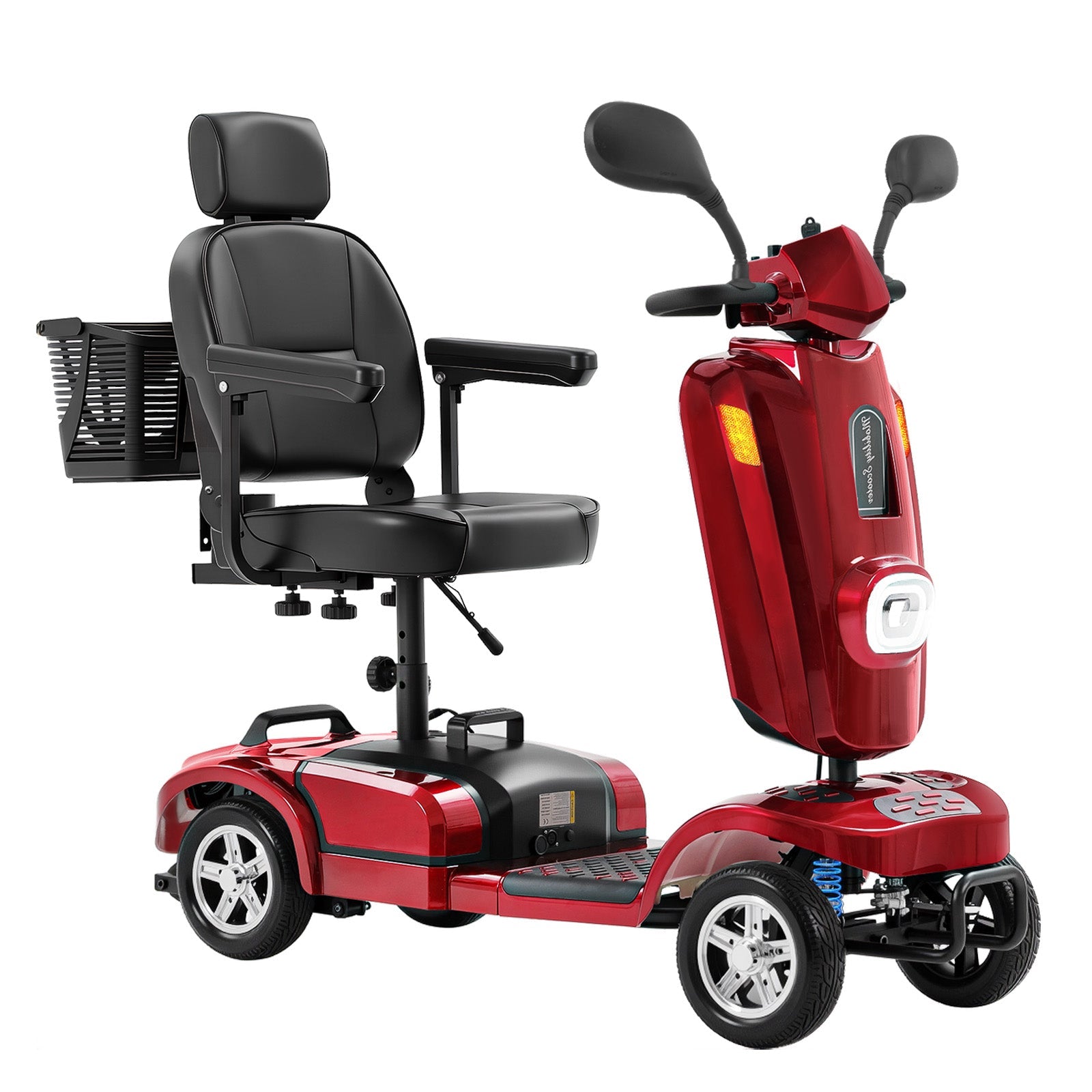 Red Mbxcooter MS20 PLUS heavy-duty all-terrain scooter with black seat, basket, and large tires.