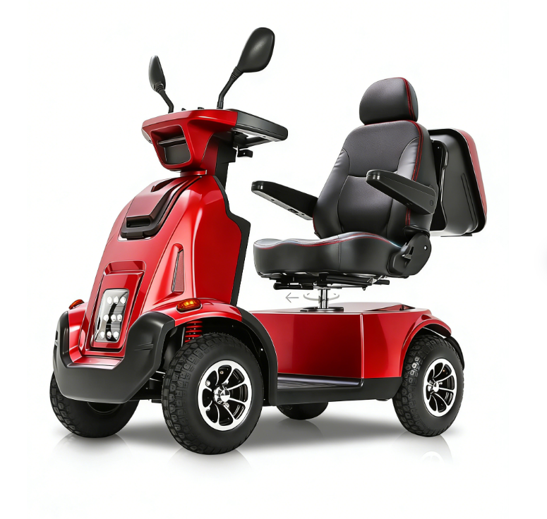 Red Mbxcooter MS500 heavy-duty mobility scooter with black seat and large tires.
