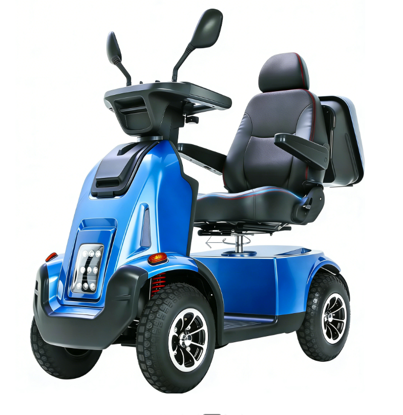 Blue Mbxcooter MS500 heavy-duty mobility scooter with black seat and large all-terrain tires.